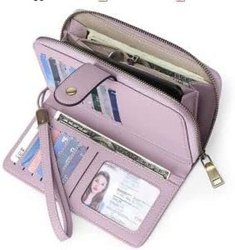 محفظة نسائية من الجلد بنسبة 100% بحجب RFID - سحاب ذو سعة كبيرة حول حامل الهاتف - محفظة معصم للسفر - تصميم بسيط - إبزيم بسحاب عالي الجودة 15+ فتحات لبطاقة الهوية - أرجواني فاتح in Kuwait