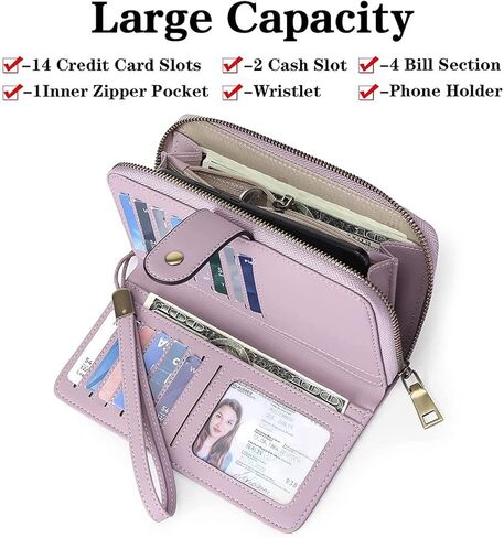 محفظة نسائية من الجلد بنسبة 100% بحجب RFID - سحاب ذو سعة كبيرة حول حامل الهاتف - محفظة معصم للسفر - تصميم بسيط - إبزيم بسحاب عالي الجودة 15+ فتحات لبطاقة الهوية - أرجواني فاتح in Kuwait