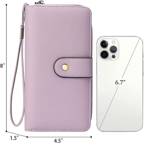 محفظة نسائية من الجلد بنسبة 100% بحجب RFID - سحاب ذو سعة كبيرة حول حامل الهاتف - محفظة معصم للسفر - تصميم بسيط - إبزيم بسحاب عالي الجودة 15+ فتحات لبطاقة الهوية - أرجواني فاتح in Kuwait