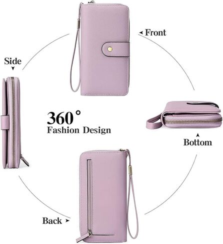 محفظة نسائية من الجلد بنسبة 100% بحجب RFID - سحاب ذو سعة كبيرة حول حامل الهاتف - محفظة معصم للسفر - تصميم بسيط - إبزيم بسحاب عالي الجودة 15+ فتحات لبطاقة الهوية - أرجواني فاتح in Kuwait