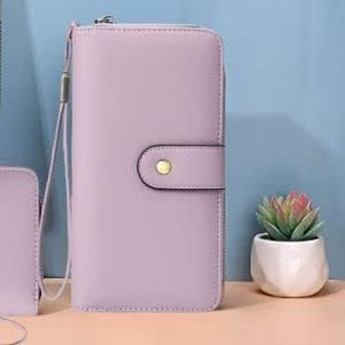 محفظة نسائية من الجلد بنسبة 100% بحجب RFID - سحاب ذو سعة كبيرة حول حامل الهاتف - محفظة معصم للسفر - تصميم بسيط - إبزيم بسحاب عالي الجودة 15+ فتحات لبطاقة الهوية - أرجواني فاتح in Kuwait