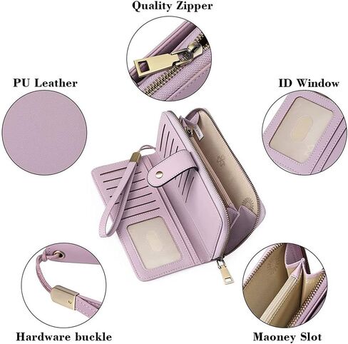 محفظة نسائية من الجلد بنسبة 100% بحجب RFID - سحاب ذو سعة كبيرة حول حامل الهاتف - محفظة معصم للسفر - تصميم بسيط - إبزيم بسحاب عالي الجودة 15+ فتحات لبطاقة الهوية - أرجواني فاتح in Kuwait