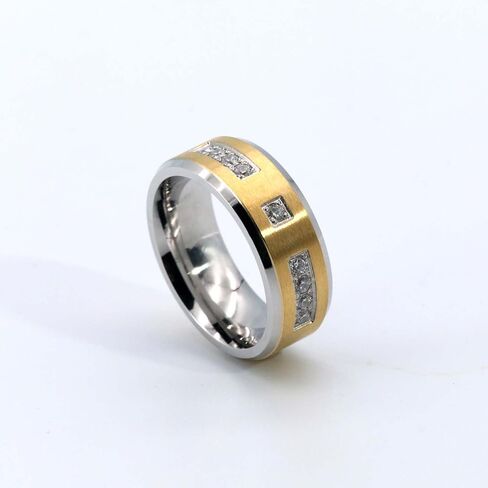 8mm Yellow Gold Plated Titanium Steel Mens Ring 9pcs AAA CZ Men Wedding Band Man Ring in Saudi Arabia