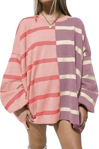 Ebossy المرأة خمر Crewneck كم طويل عادية فضفاض التباين اللون مخطط بلوفر مغزول سترة علوية in Kuwait