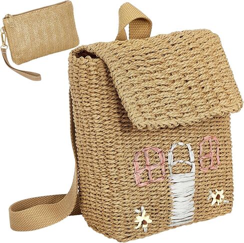 Silkfly 2 Pcs Kids Straw Small Backpack and Straw Clutch Bag Handbag Backpack Girls Straw Woven Bag Mini Woven Bag Bohemian Straw Clutch Bag Cute Little House Straw Backpack for Kid Girls in Saudi Arabia