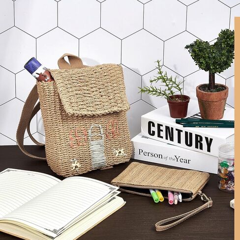 Silkfly 2 Pcs Kids Straw Small Backpack and Straw Clutch Bag Handbag Backpack Girls Straw Woven Bag Mini Woven Bag Bohemian Straw Clutch Bag Cute Little House Straw Backpack for Kid Girls in Saudi Arabia