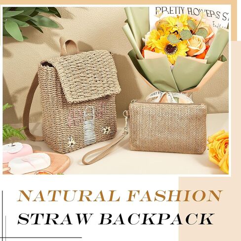 Silkfly 2 Pcs Kids Straw Small Backpack and Straw Clutch Bag Handbag Backpack Girls Straw Woven Bag Mini Woven Bag Bohemian Straw Clutch Bag Cute Little House Straw Backpack for Kid Girls in Saudi Arabia