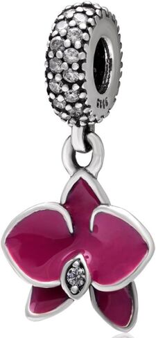Liphontcta Orchid Charm 925 Sterling Silver Flower Charm with Transparent Cz Stone and Fuschia Enamel for Pandora Bracelet (A) in Saudi Arabia