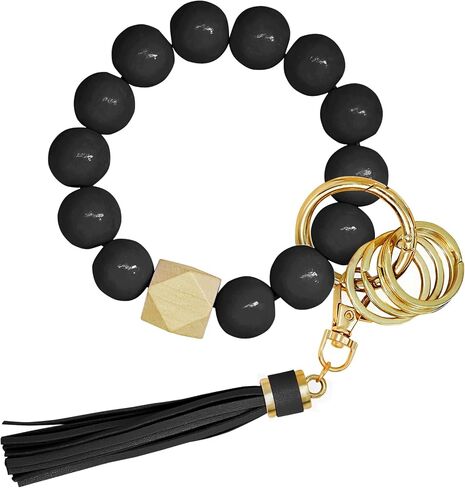 BuitBoll Wristlet Keychain with 4 Key Rings Wooden Beaded Bracelet Key Chain Bangle Key Holder with Leather Tassel in Saudi Arabia