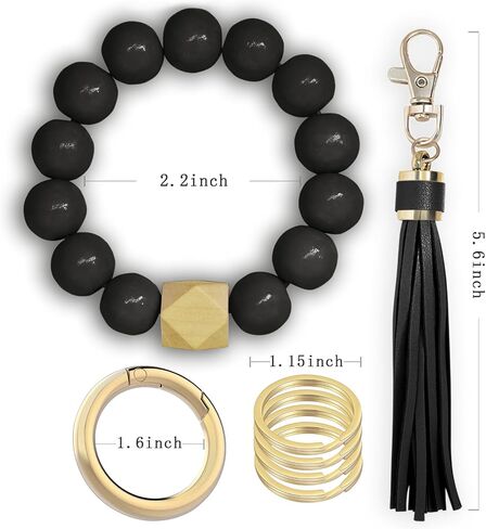 BuitBoll Wristlet Keychain with 4 Key Rings Wooden Beaded Bracelet Key Chain Bangle Key Holder with Leather Tassel in Saudi Arabia