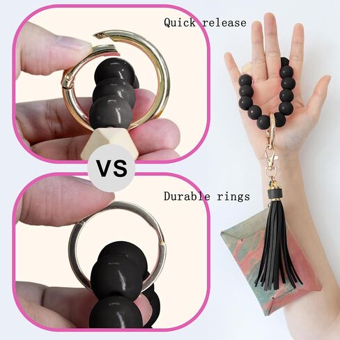 BuitBoll Wristlet Keychain with 4 Key Rings Wooden Beaded Bracelet Key Chain Bangle Key Holder with Leather Tassel in Saudi Arabia