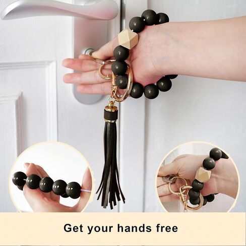 BuitBoll Wristlet Keychain with 4 Key Rings Wooden Beaded Bracelet Key Chain Bangle Key Holder with Leather Tassel in Saudi Arabia