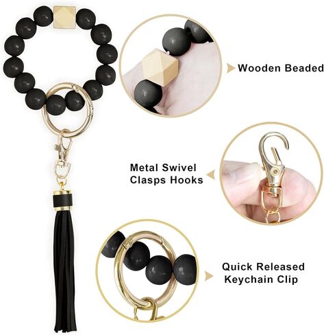 BuitBoll Wristlet Keychain with 4 Key Rings Wooden Beaded Bracelet Key Chain Bangle Key Holder with Leather Tassel in Saudi Arabia