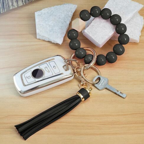 BuitBoll Wristlet Keychain with 4 Key Rings Wooden Beaded Bracelet Key Chain Bangle Key Holder with Leather Tassel in Saudi Arabia