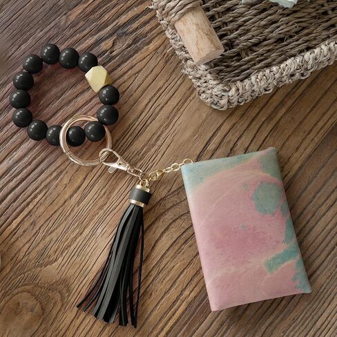 BuitBoll Wristlet Keychain with 4 Key Rings Wooden Beaded Bracelet Key Chain Bangle Key Holder with Leather Tassel in Saudi Arabia