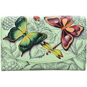 Anna by Anuschka Women's Ladies Tri Geniune Leather Hand Painted Large Three Fold Checkbook Clutch Wallet-Day of The Dead