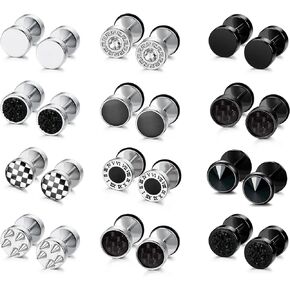 Subiceto 12 Pairs Black Earrings Men Dot Studs Fake Gauges Plugs Earring Stainless Steel Faux Gauges Ear Plug Cheater Tunnel Dumbbell Screw Flat Back Disc Stud Earrings for Men Women 18G Black and Silver in Kuwait
