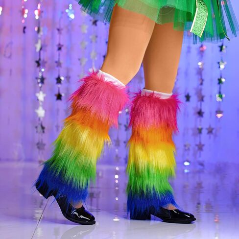 Bmirth Fur Leg Warmers Mardi Gras Leg Warmers Fuzzy Color Long Boots Cuff Cover Leg Warmers St Patricks Day Costume in Saudi Arabia