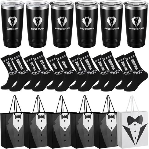 Suclain Set of 6 Groomsmen Gifts 6 Pieces Tuxedo Gift Bag 6 Pairs Sunglasses 6 Pairs Socks 6 Pieces Tumbler for Groomsmen Proposal Wedding Bachelor Party in Saudi Arabia