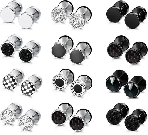 Subiceto 12 زوجًا من الأقراط السوداء للرجال نقطة ترصيع وهمية ومقاييس المقابس القرط الفولاذ المقاوم للصدأ ومقاييس فو الأذن التوصيل الغشاش نفق الدمبل المسمار شقة الظهر القرص أقراط للرجال النساء 18G الأسود والفضي in Kuwait