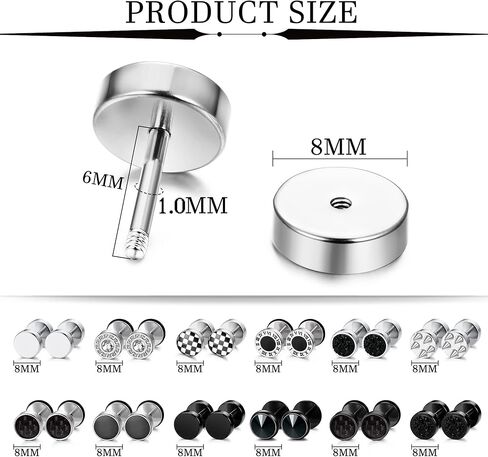 Subiceto 12 زوجًا من الأقراط السوداء للرجال نقطة ترصيع وهمية ومقاييس المقابس القرط الفولاذ المقاوم للصدأ ومقاييس فو الأذن التوصيل الغشاش نفق الدمبل المسمار شقة الظهر القرص أقراط للرجال النساء 18G الأسود والفضي in Kuwait