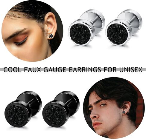 Subiceto 12 زوجًا من الأقراط السوداء للرجال نقطة ترصيع وهمية ومقاييس المقابس القرط الفولاذ المقاوم للصدأ ومقاييس فو الأذن التوصيل الغشاش نفق الدمبل المسمار شقة الظهر القرص أقراط للرجال النساء 18G الأسود والفضي in Kuwait