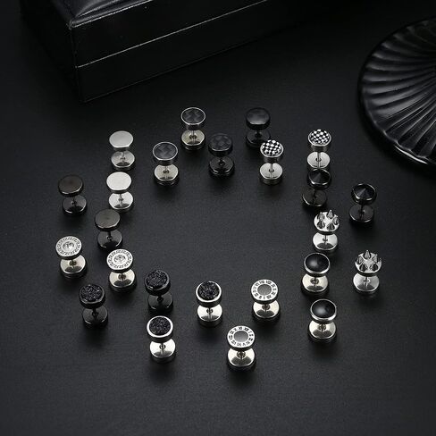 Subiceto 12 زوجًا من الأقراط السوداء للرجال نقطة ترصيع وهمية ومقاييس المقابس القرط الفولاذ المقاوم للصدأ ومقاييس فو الأذن التوصيل الغشاش نفق الدمبل المسمار شقة الظهر القرص أقراط للرجال النساء 18G الأسود والفضي in Kuwait