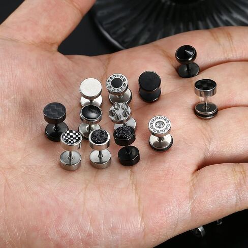 Subiceto 12 زوجًا من الأقراط السوداء للرجال نقطة ترصيع وهمية ومقاييس المقابس القرط الفولاذ المقاوم للصدأ ومقاييس فو الأذن التوصيل الغشاش نفق الدمبل المسمار شقة الظهر القرص أقراط للرجال النساء 18G الأسود والفضي in Kuwait