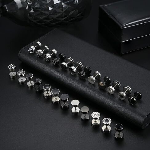 Subiceto 12 زوجًا من الأقراط السوداء للرجال نقطة ترصيع وهمية ومقاييس المقابس القرط الفولاذ المقاوم للصدأ ومقاييس فو الأذن التوصيل الغشاش نفق الدمبل المسمار شقة الظهر القرص أقراط للرجال النساء 18G الأسود والفضي in Kuwait