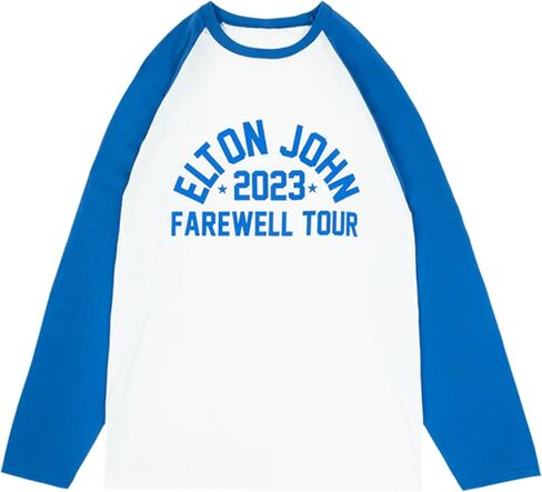 تي شيرت Elton John بأكمام طويلة راجلان - أزرق وأبيض 2023 Farewell Tour Photo Graphic تي شيرت - للجنسين بياقة دائرية in Kuwait