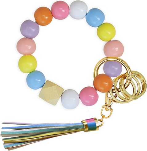 BuitBoll Wristlet Keychain with 4 Key Rings Wooden Beaded Bracelet Key Chain Bangle Key Holder with Leather Tassel in Saudi Arabia