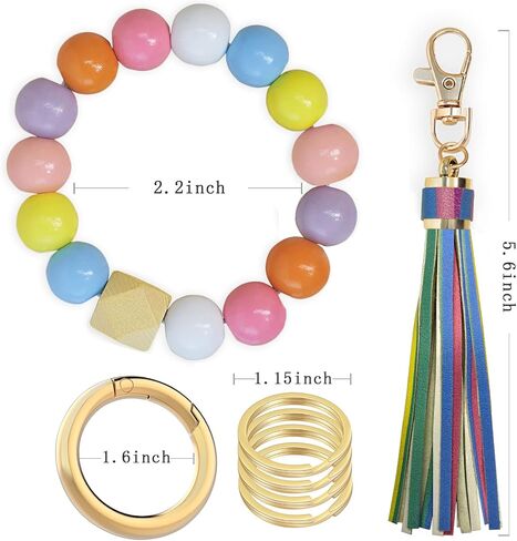 BuitBoll Wristlet Keychain with 4 Key Rings Wooden Beaded Bracelet Key Chain Bangle Key Holder with Leather Tassel in Saudi Arabia