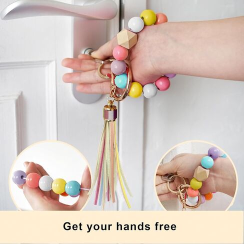 BuitBoll Wristlet Keychain with 4 Key Rings Wooden Beaded Bracelet Key Chain Bangle Key Holder with Leather Tassel in Saudi Arabia
