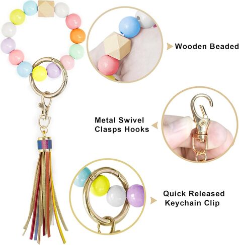 BuitBoll Wristlet Keychain with 4 Key Rings Wooden Beaded Bracelet Key Chain Bangle Key Holder with Leather Tassel in Saudi Arabia
