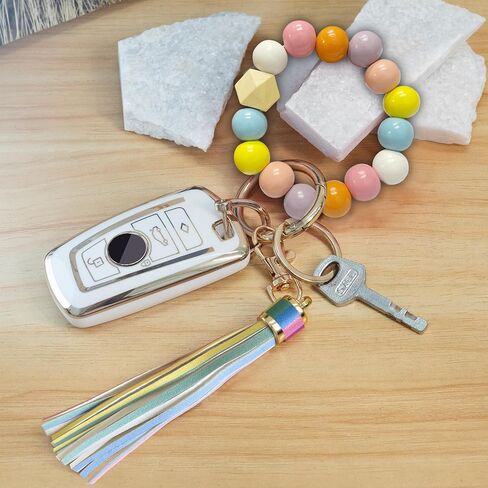 BuitBoll Wristlet Keychain with 4 Key Rings Wooden Beaded Bracelet Key Chain Bangle Key Holder with Leather Tassel in Saudi Arabia