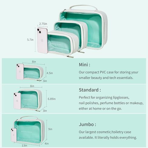 ROWNYEON 3Pcs Waterproof Clear Makeup Case for Travel,Portable Toiletry Bag Train Case Transparent Bag for Women Girls,Carry On Cosmetics Organizer with Zipper Handle (White) in Saudi Arabia