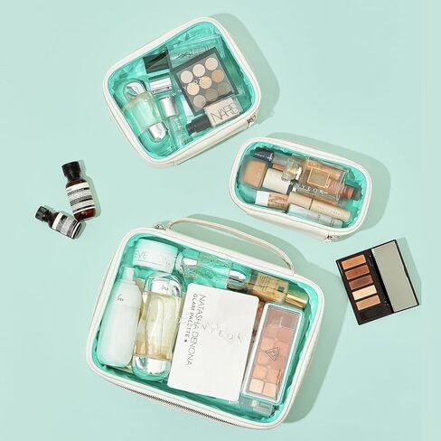 ROWNYEON 3Pcs Waterproof Clear Makeup Case for Travel,Portable Toiletry Bag Train Case Transparent Bag for Women Girls,Carry On Cosmetics Organizer with Zipper Handle (White) in Saudi Arabia