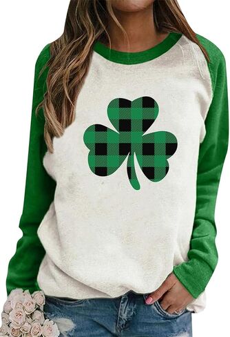 GRASWE Woman St. Patrick's Day Long Sleeve Shirt Casual Loose Clover Graphic Print Sweatshirt in Saudi Arabia