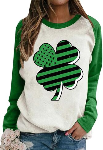 GRASWE Woman St. Patrick's Day Long Sleeve Shirt Casual Loose Clover Graphic Print Sweatshirt in Saudi Arabia