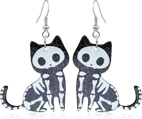 QUPENGXU Kawaii Halloween Cat Earring Wooden Black Cats Dangle Earrings Skeleton Cat Drop Earring For Women Girls in Saudi Arabia