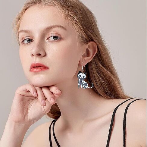 QUPENGXU Kawaii Halloween Cat Earring Wooden Black Cats Dangle Earrings Skeleton Cat Drop Earring For Women Girls in Saudi Arabia