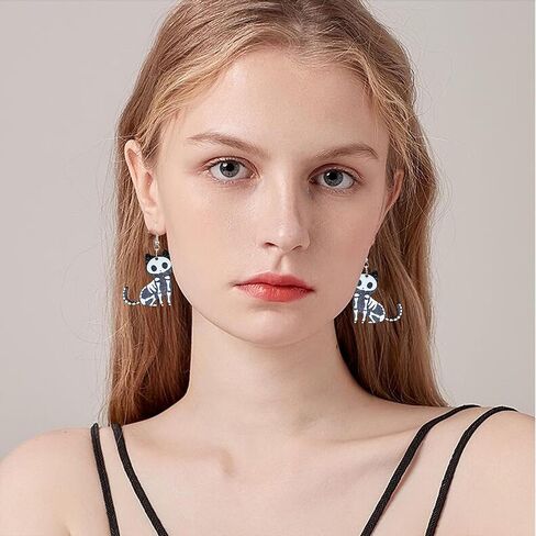 QUPENGXU Kawaii Halloween Cat Earring Wooden Black Cats Dangle Earrings Skeleton Cat Drop Earring For Women Girls in Saudi Arabia