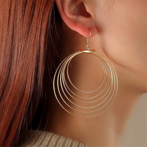 ONLYJUMP Multilayer Round Hoop Earrings for Women Girls Personality Fashion Large Smooth Thin Metal Circle Geometric Boho Multiple Drawing Dangle Drop Statement Earrings Minimalist Jewelry Ladies Gifts in Saudi Arabia