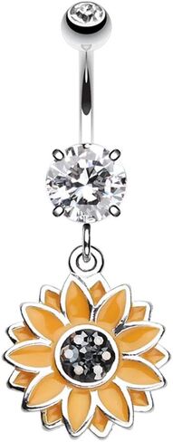 Pierced Owl 14GA Stainless Steel CZ Crystal Sunflower Dangling Belly Button Ring in Saudi Arabia