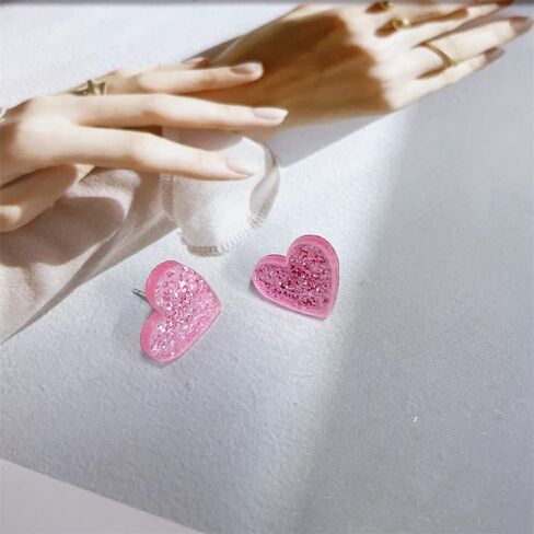 Cute Pink Heart Love Glitter Stud Earrings for Women Girls Dainty Hypoallergenic Acrylic Y2K Valentine's Day Studs Fashion Jewelry Party Birthday Holiday Gift Her in Saudi Arabia