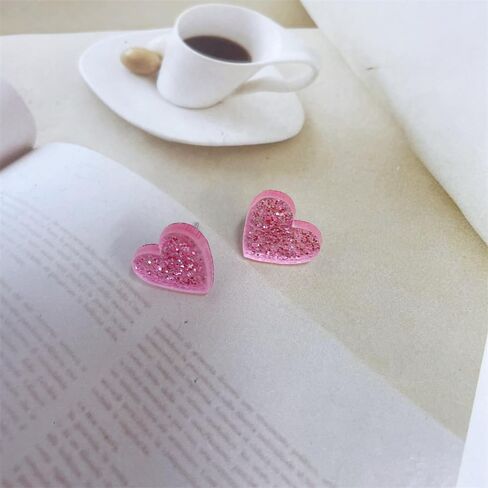 Cute Pink Heart Love Glitter Stud Earrings for Women Girls Dainty Hypoallergenic Acrylic Y2K Valentine's Day Studs Fashion Jewelry Party Birthday Holiday Gift Her in Saudi Arabia