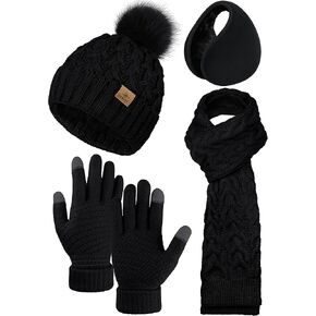 URATOT 4 Packs Winter Warm Set Knitted Pompom Hat Scarf Touch Screen Gloves Ear Warmer 4 In 1 Set for Men or Women