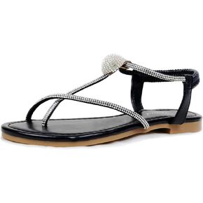 Women's Rhinestone Thong Flats Sandals, Clip Toe Elastic T-Strap Bohemia Dressy Sandals for Women