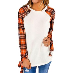 Famulily Women's Casual Raglan Tie Sleeve Plaid Print T Shirt Tops