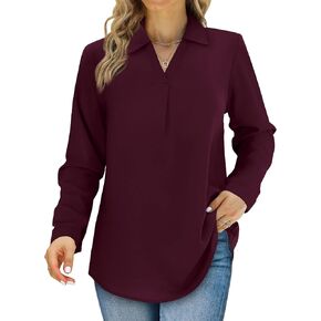 Saloogoe Womens Chiffon Blouse Business Dressy Casual Shirts V Neck Long Sleeve Tunic Tops in Kuwait